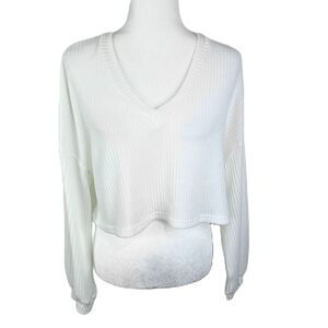 Shein Sweater Women Large White Ribbed V-Neck Pullover Cropped Casual